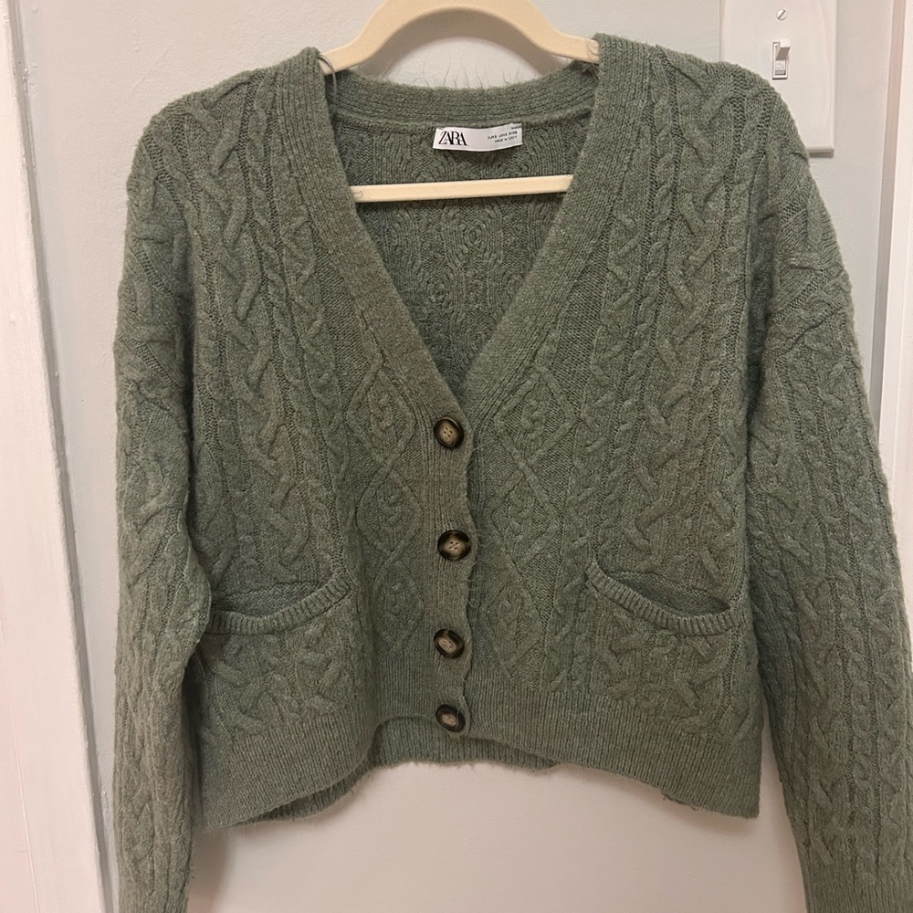 Zara Women's Olive Cable Knit Cardigan